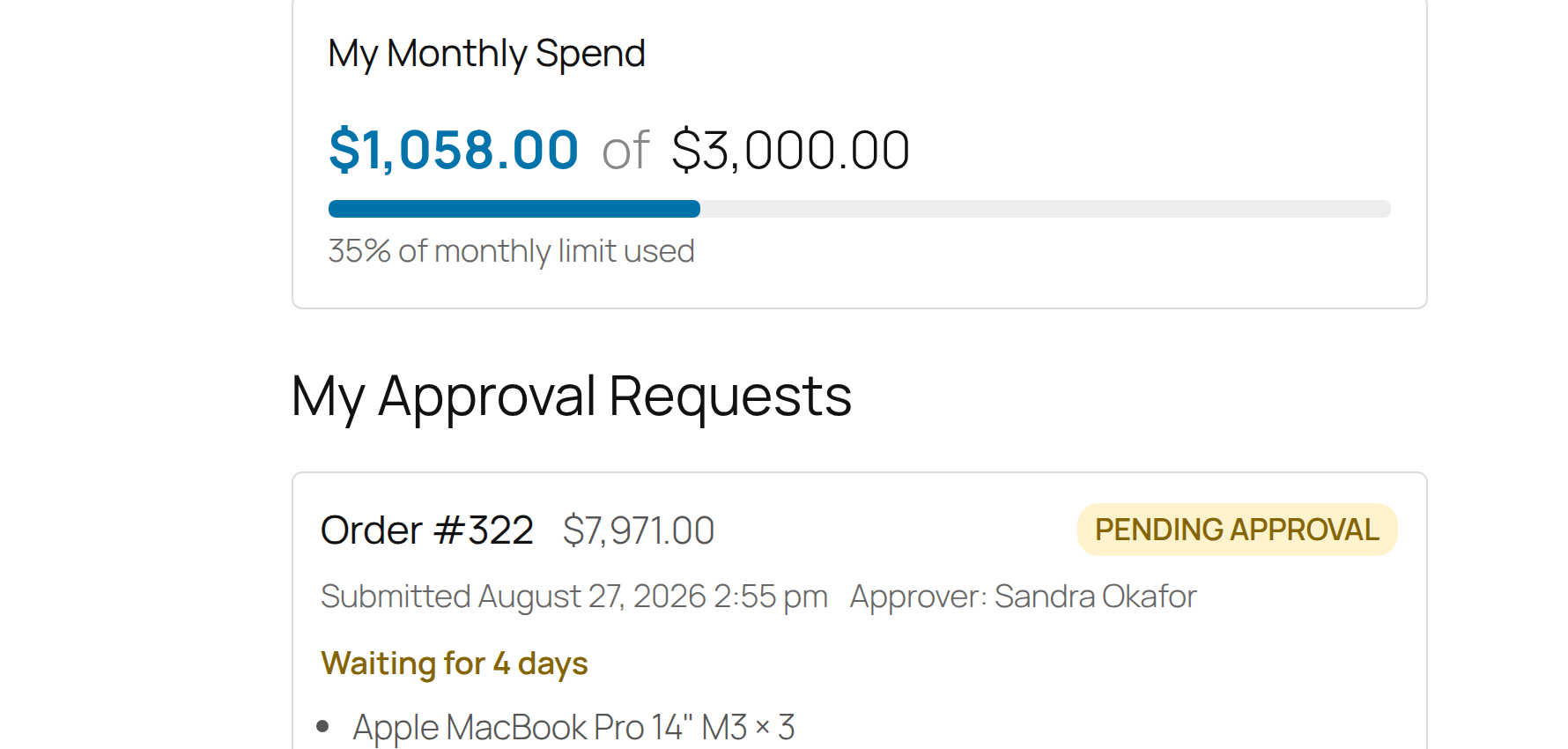 My Requests screen showing a requester's monthly spend progress bar and their own submitted orders with Pending Approval, Cancelled, and Rejected statuses.
