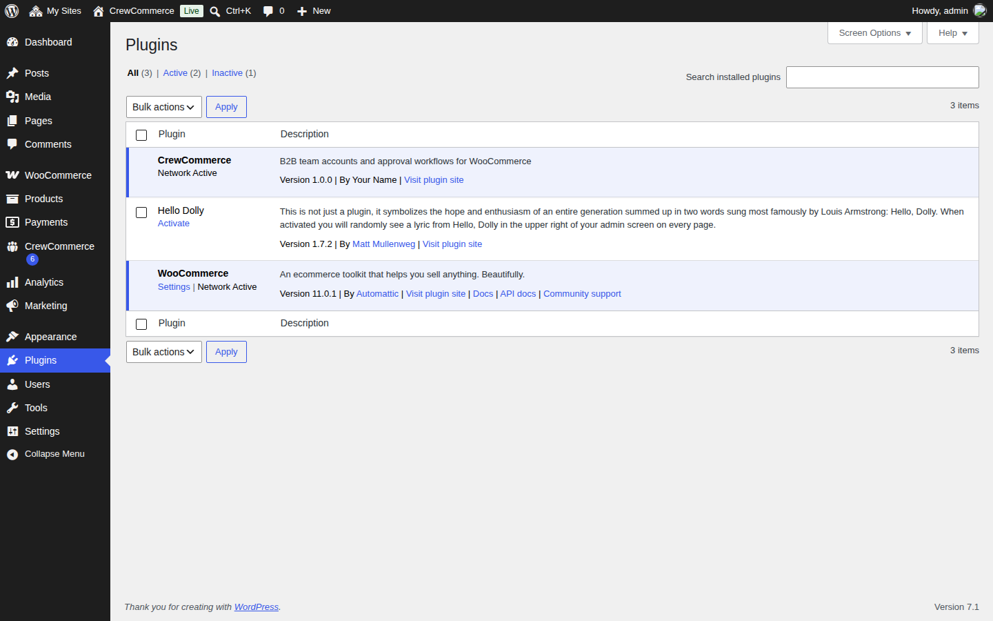 The WordPress Plugins list showing CrewCommerce active