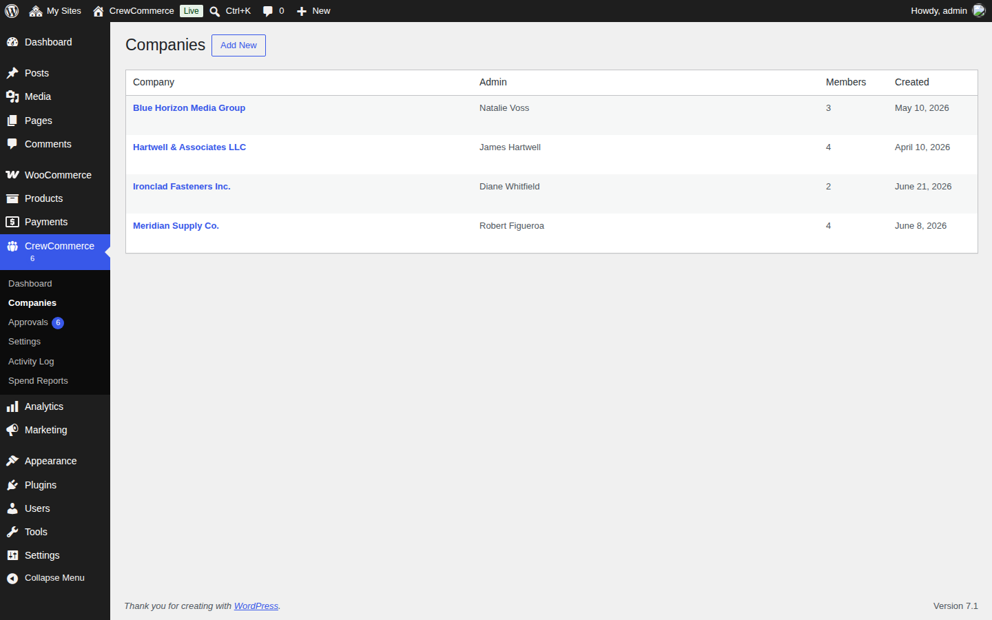 The Companies list in WP Admin, showing four companies with their admin, member count and creation date