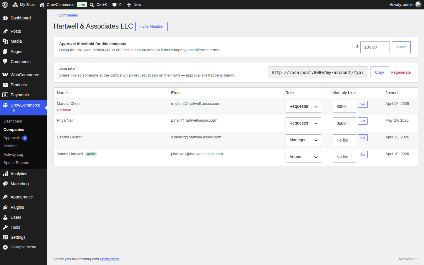 Company detail page showing an approval threshold override field
