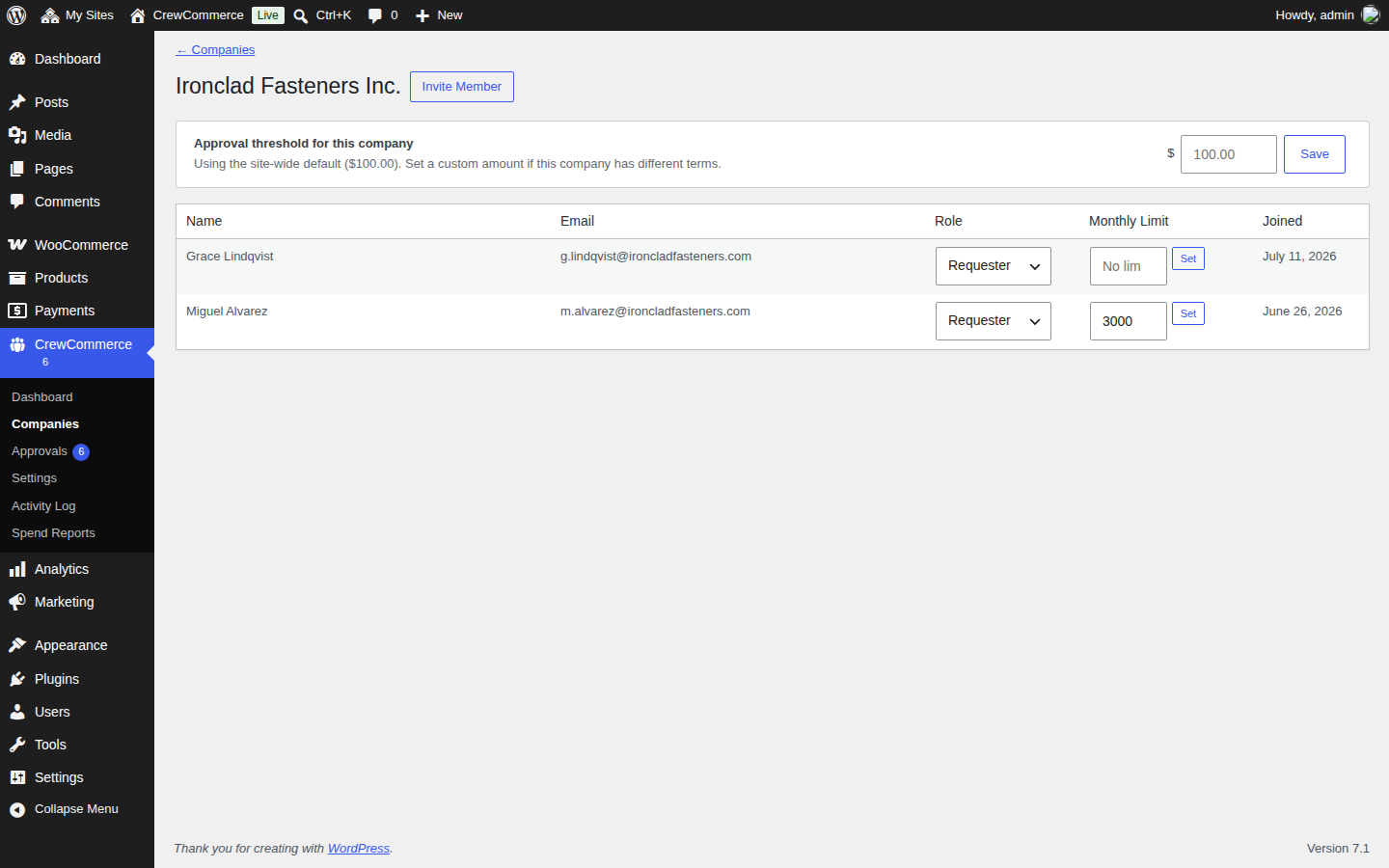 Ironclad Fasteners company detail page showing only two Requesters and no Manager or Admin