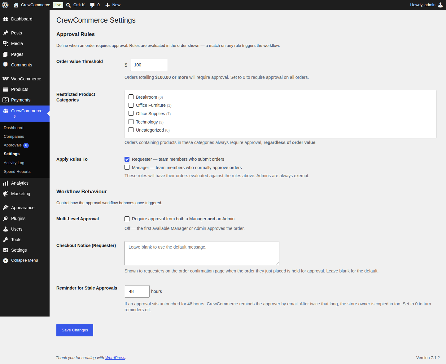 CrewCommerce Settings page showing the order value threshold, restricted categories, and workflow behavior options