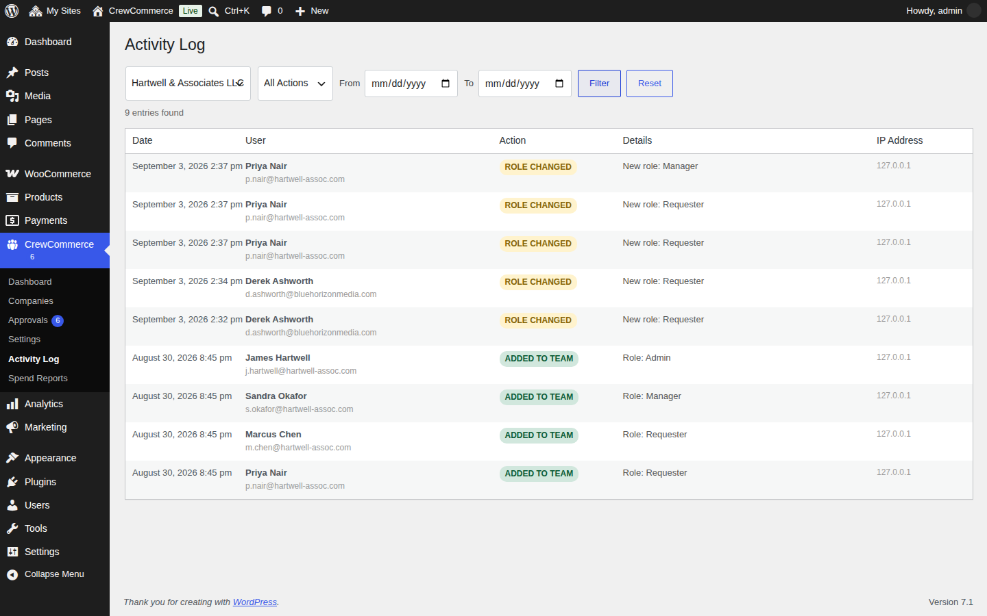 Activity Log showing role changes and team member additions, each with a user, action, details and IP address, filterable by company, action and date