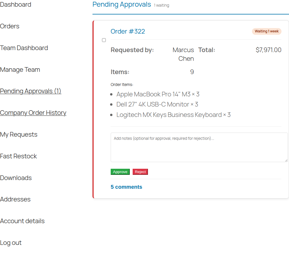 The Pending Approvals screen in My Account, showing an order with its items, a notes field, and Approve and Reject buttons