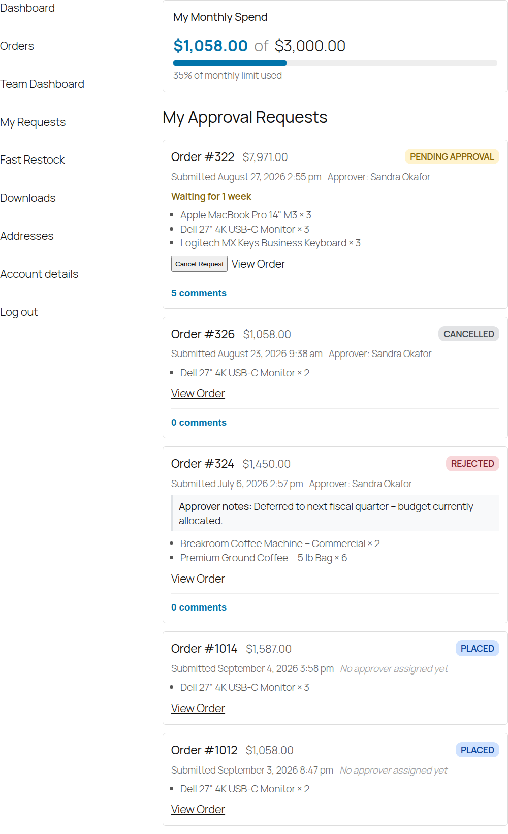 The My Requests screen showing an order pending approval, with its approver name and how long it has been waiting