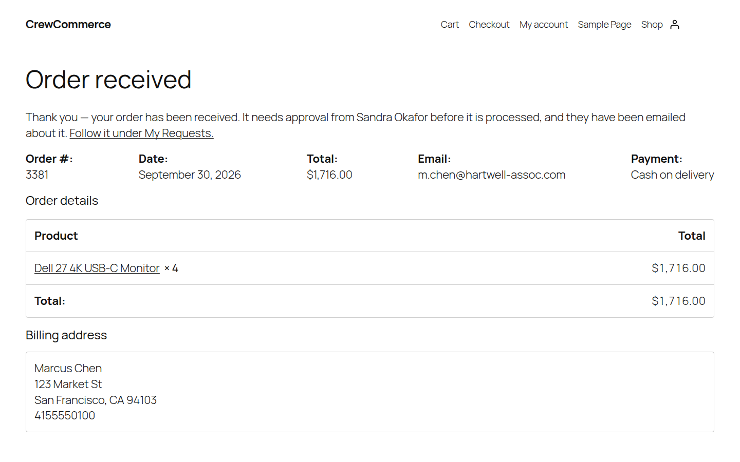 WooCommerce order received page reading: Thank you — your order has been received. It needs approval from Sandra Okafor before it is processed, and they have been emailed about it. Follow it under My Requests.