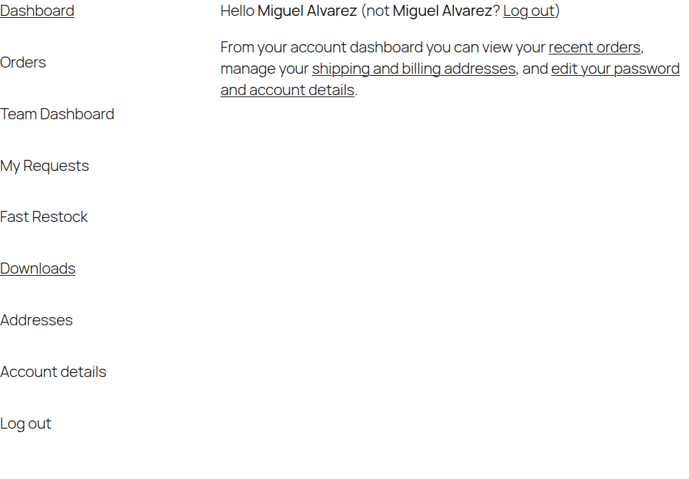 My Account menu for a Requester in a company with no manager, showing the same tabs as any other requester