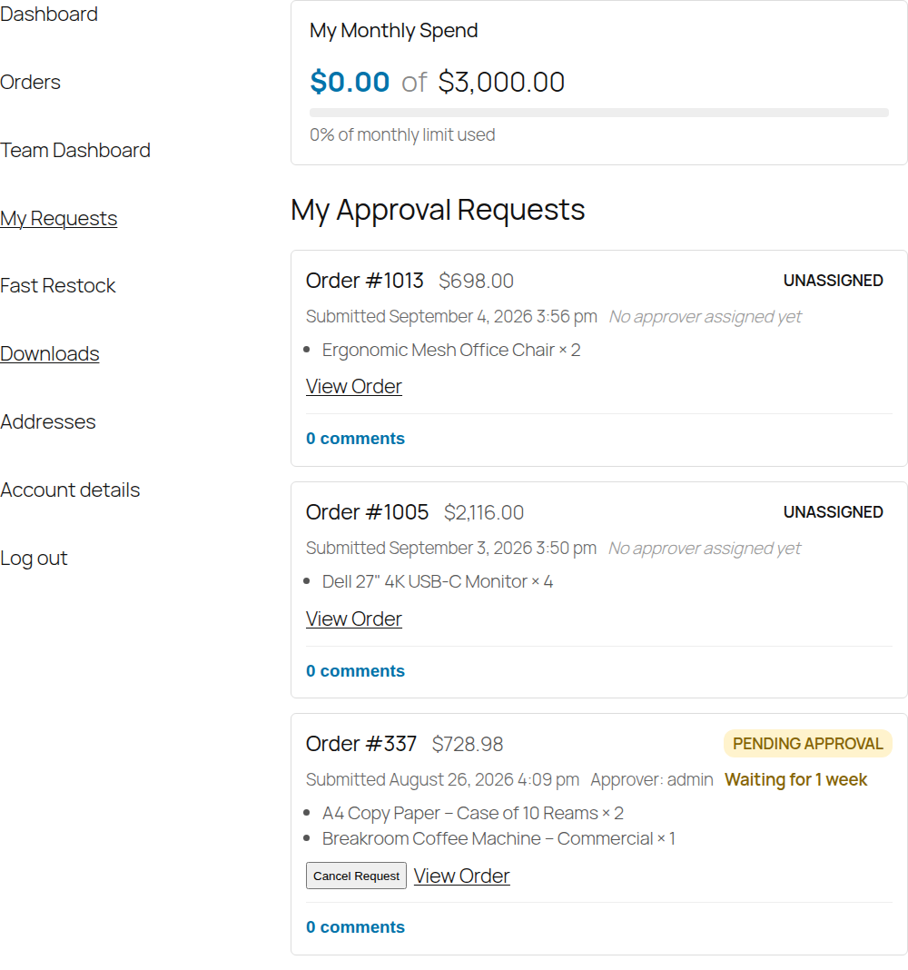 My Requests screen showing an order marked UNASSIGNED with the note 'No approver assigned yet'