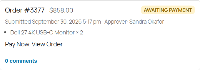My Requests showing an approved order with a Pay Now button next to View Order
