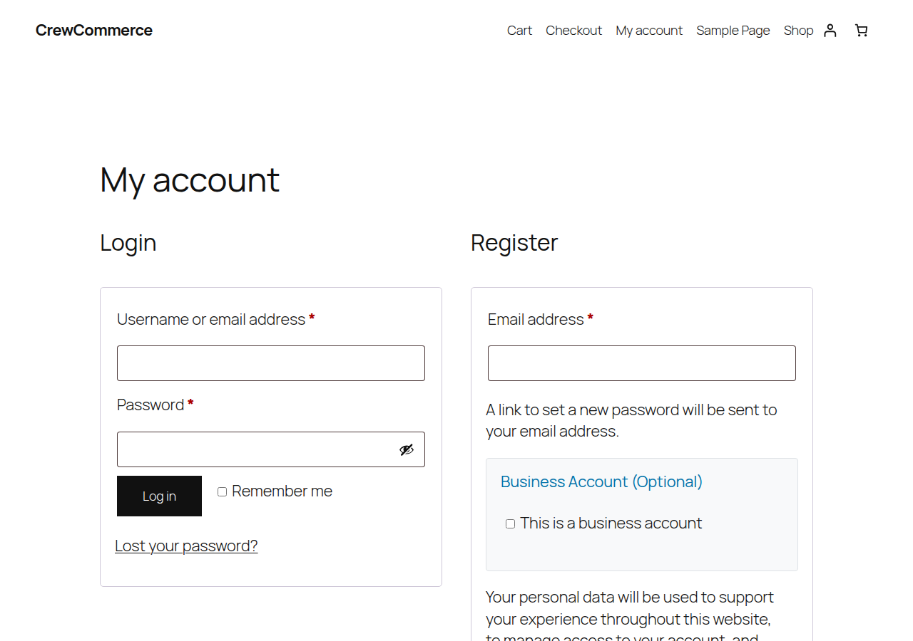 WooCommerce registration form with a Business Account (Optional) section and a This is a business account checkbox