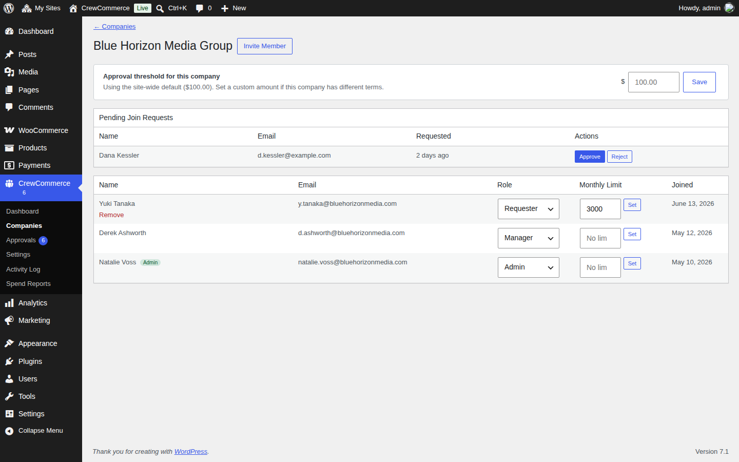 Blue Horizon Media Group's company detail page in WP Admin, showing a Pending Join Requests table with a request and Approve/Reject buttons, above the existing team list