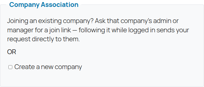 Company Association section on My Account, explaining that joining a company requires a join link from that company's admin, with a Create a new company checkbox as the alternative