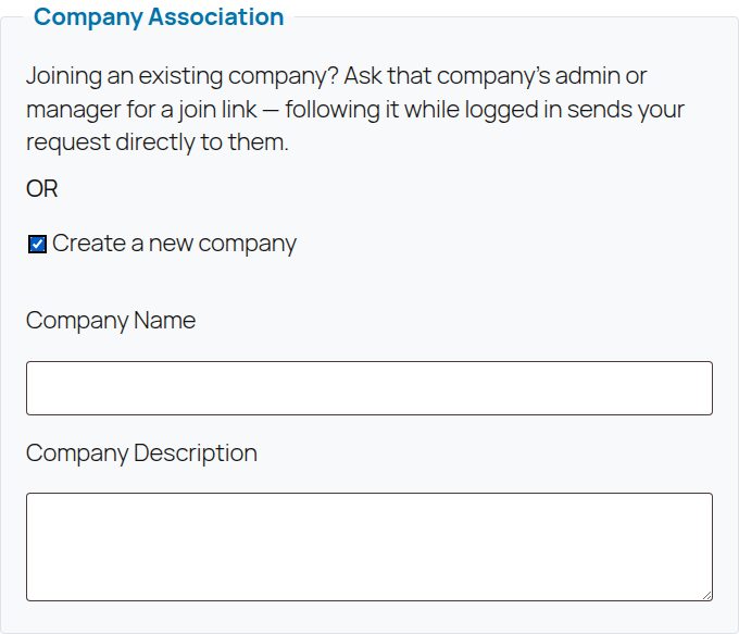 Company Association section with Create a new company checked, revealing Company Name and Company Description fields