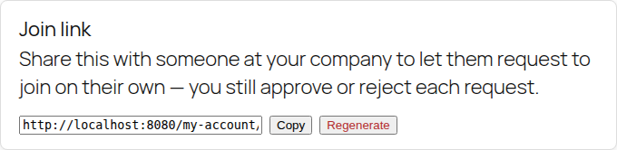 Join link card on the storefront Manage Team page, with the link, a Copy button, and a Regenerate link