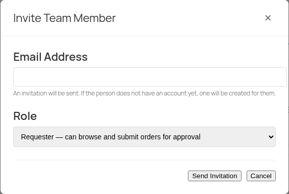The Invite Team Member modal, with an Email Address field and a Role dropdown offering Requester, Manager, or Admin
